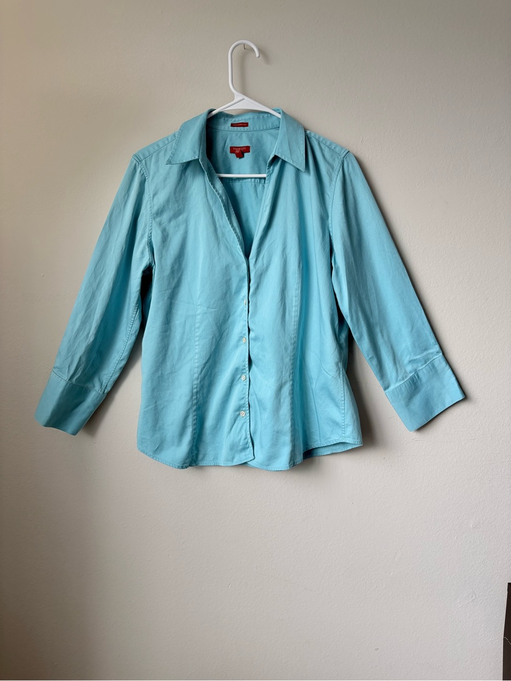 Talbots Stretch Cotton Sateen Turquoise Button Front Shirt Size 14